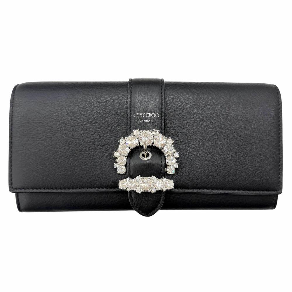 JIMMY CHOO Rhinestone Chain Strap Leather Shoulder Wallet Long Black (Comes w...